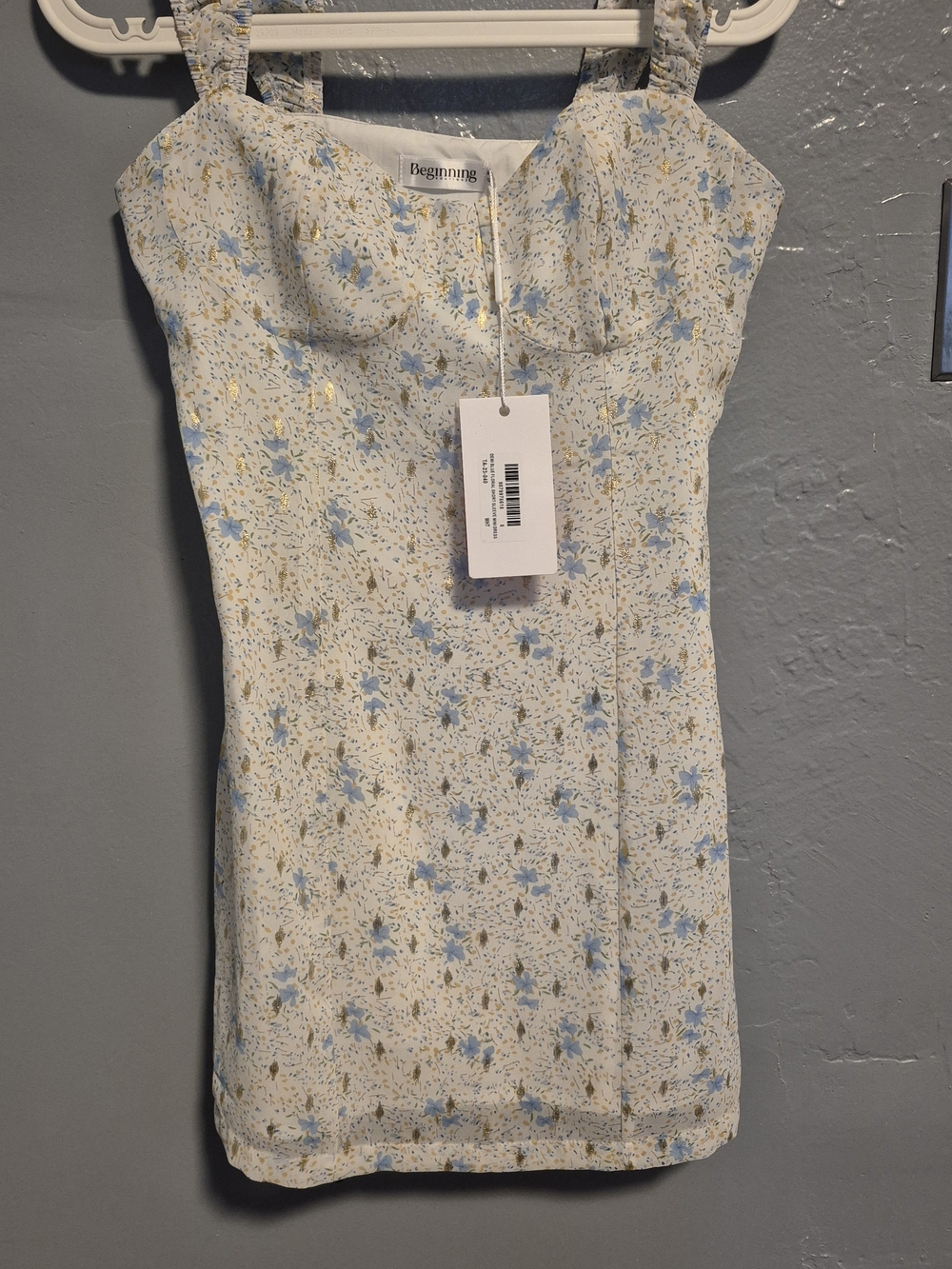 Beginning Boutique Cream Floral Mini Dress with Blue Flowers and Gold Accents
